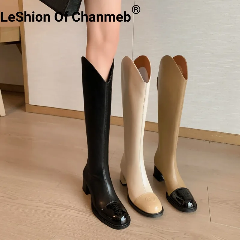 

LeShion Of Chanmeb Genuine Leather Riding Boots Women Mix-Color Floral Zipper KneeHigh Boots Winter Woman Chunky High Heels Shoe