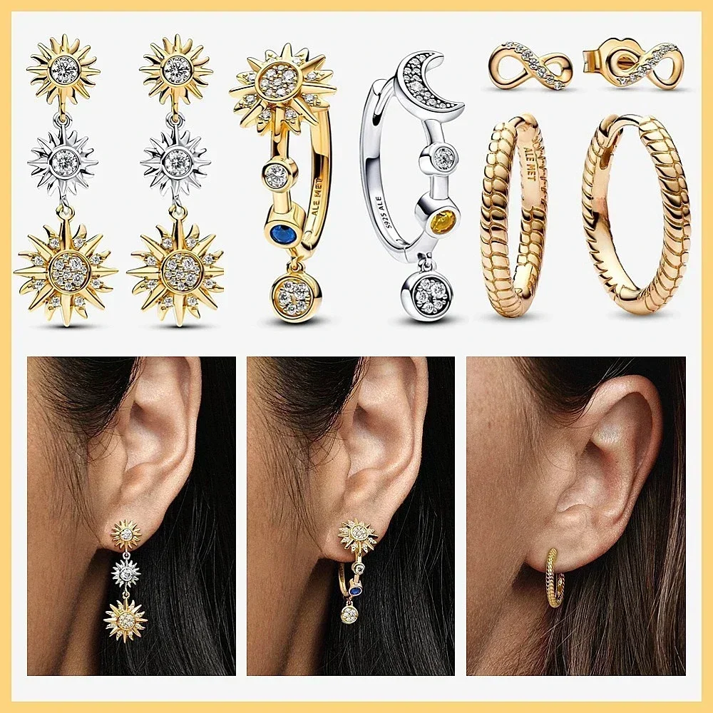 

925 Sterling Silver Hot Moments Charms Sparkling Sun Moon Hoop Earrings for Women Infinity Stud Earrings Two-tone Hearts Jewelry