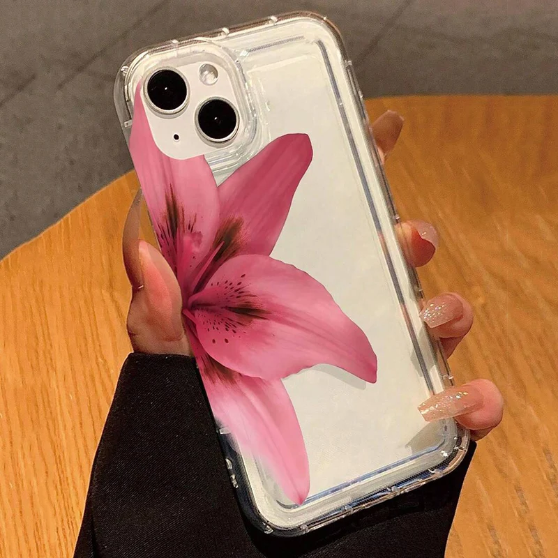 Realistic Lily Flower Print Clear Phone Case For iPhone 16 15 14