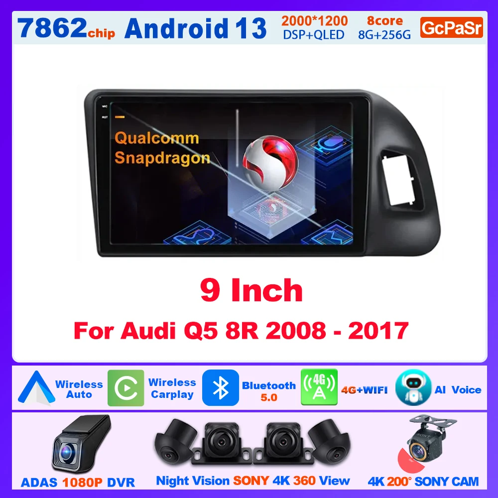 

Qualcomm Android For Audi Q5 8R 2008 - 2017 Player Carplay Navigation Car DVD GPS Auto Video Vehicle Cam No 2din DVD 4G Rear Cpu