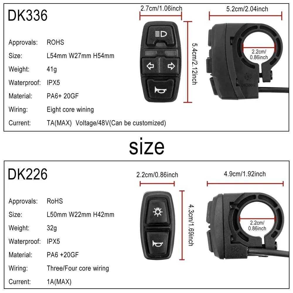 Electric Bike Scooter Light Switch DK226 Ebike Horn Switch Bicycle Motorcycle Button Control Turn Signal Lights DK336