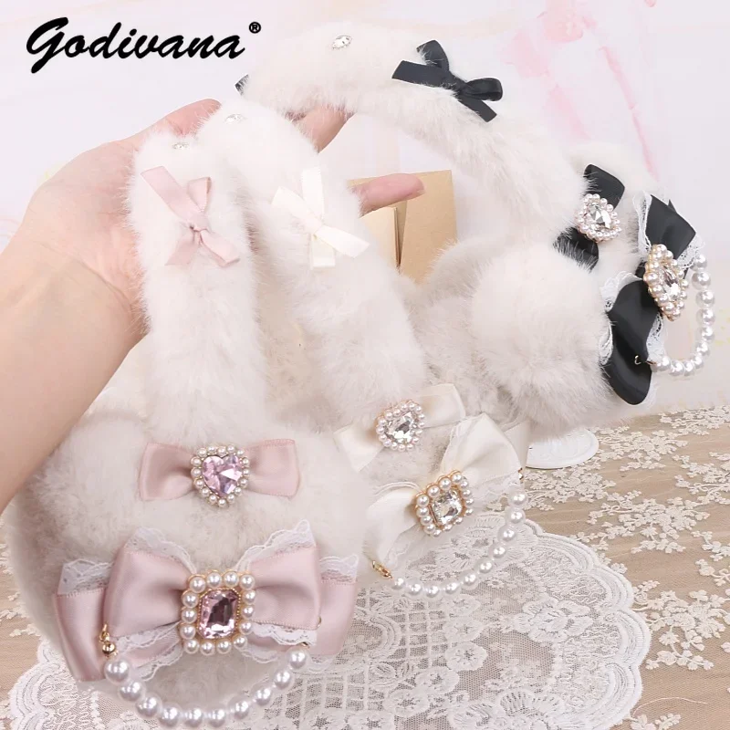 Handmade Japanese Sweet Mine Hairy Rhinestone Big Love Bow Warm Earmuffs Lolita Sweet Girls Earmuffs warm earmuffs