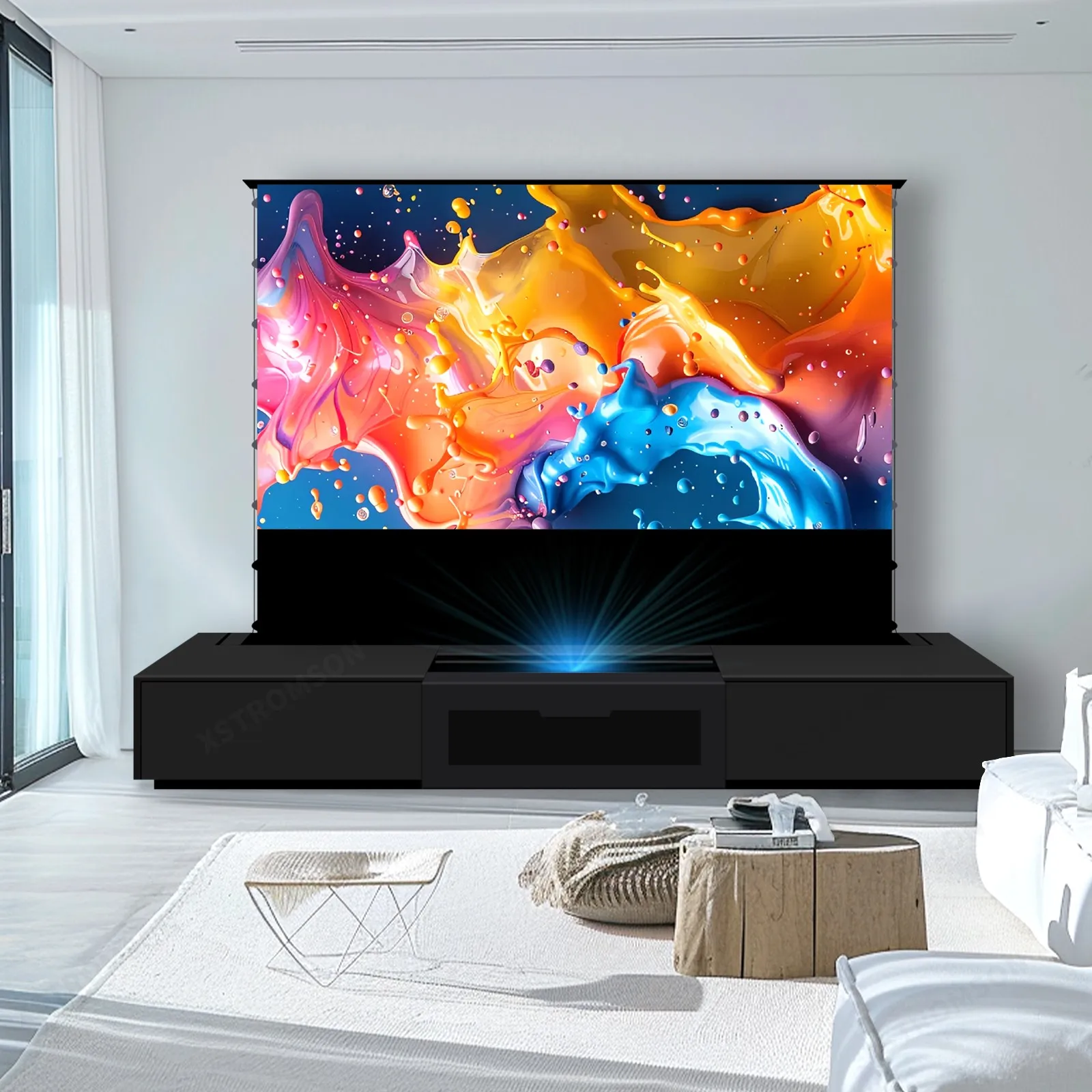 Projector screen 84inch-133inch Intelligent Laser TV Cabinet for Ultra Short Throw Projector Integrated Cabinet + Motorized Floor Rising Screen