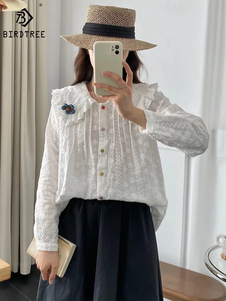 

New Spring Cotton Jacquard Shirt Women Peter Pan Collar Sweet Tops Girl Long Sleeve Lace Embroidery Blouses 2024 Autumn T42948QM