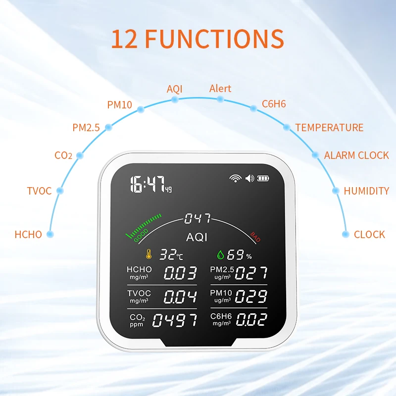 TUYA WIFI 다기능 공기질 모니터, 온습도계, 시계 알람 및 가스 감지기, PM2.5,PM10,HCHO,C6H6,CO2 센서