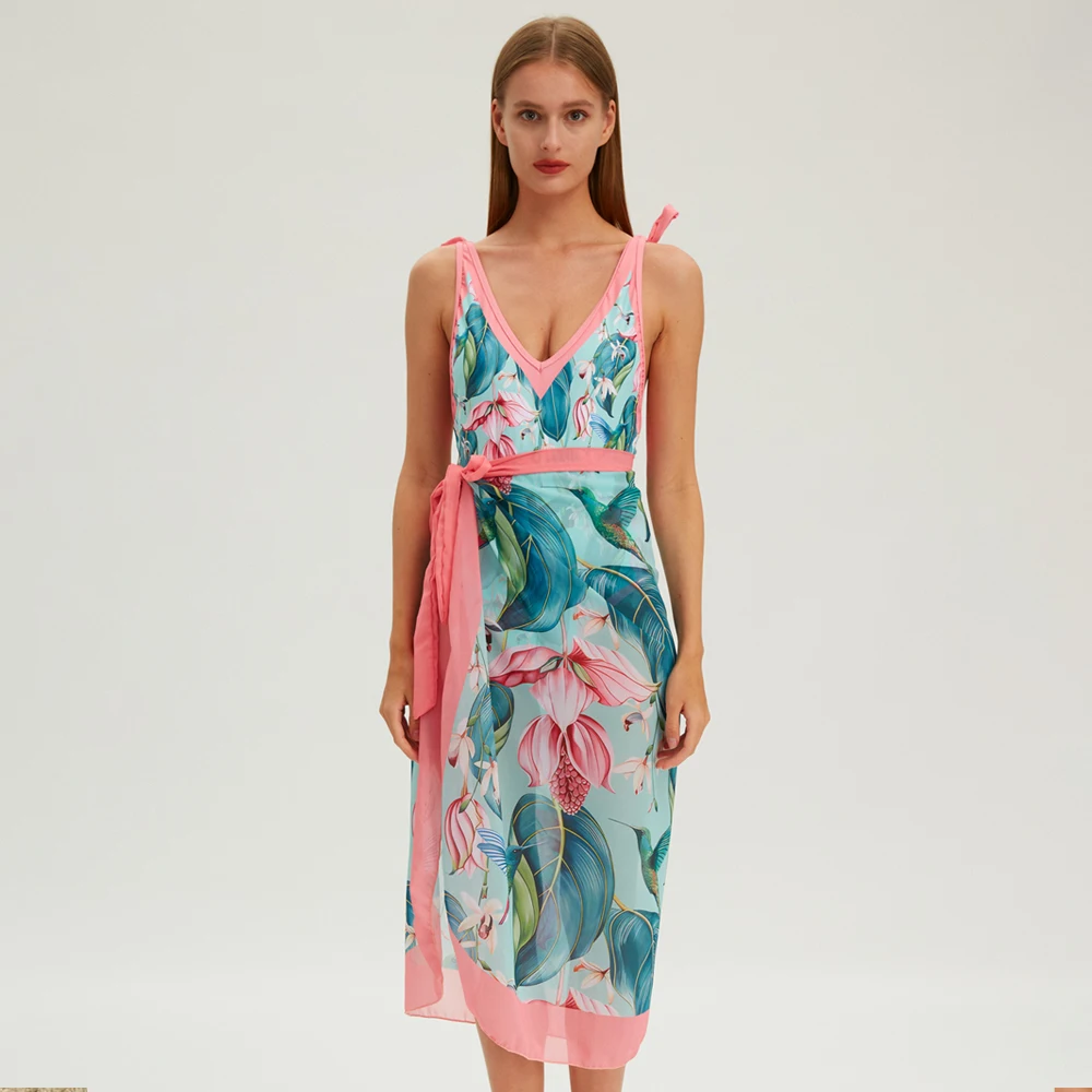 Women's Retro Bird Print Summer Beach Wear Deep V Gorgeous One-Piece Swimsuit Suit New Fashion 2024 Swimwear