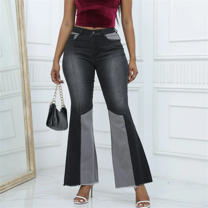 Women High Waist Color Contrast Patchwork Flared Jeans Comfortable Casual Commuter Wide Leg Denim Pants Female Stretch Trousers