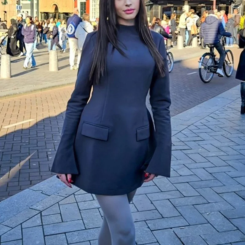 Female Autumn Elegant Mini Dress Women's Pocket Patchwork Slim Long Sleeve Commute Clothes Female Solid Casual Mini Dress