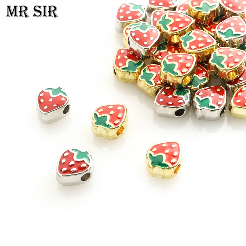 귀여운 에나멜 딸기 스페이서 비즈, 골드 및 실버 색상 합금 과일 비즈, 쥬얼리 제작, DIY 팔찌 목걸이 조사 결과, 10 개