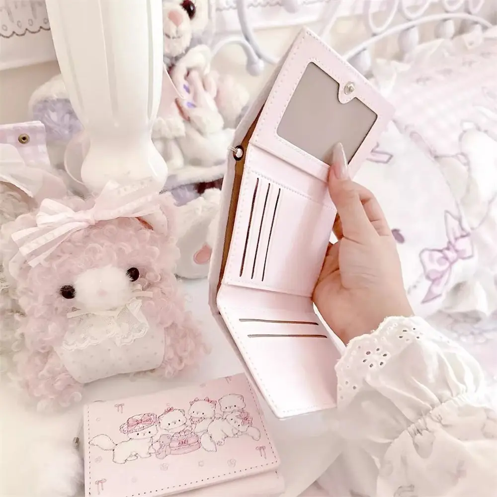 Compact Kawaii Cat Print PU Leather Wallet - Pink Foldable Coin and Card Holder