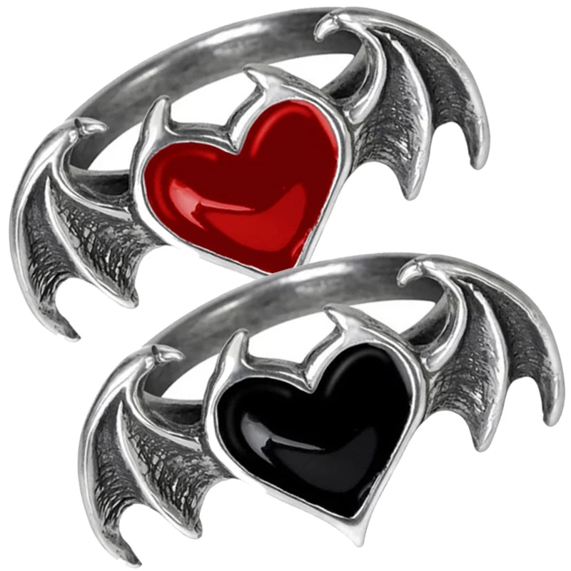 Metallo Punk Dark Soul Demon Bat Rings Uomo Donna Nero Rosso Gemstome Cuore Dito Gioielli Anello 15Mm Diametro Hiphop Coppia Anelli