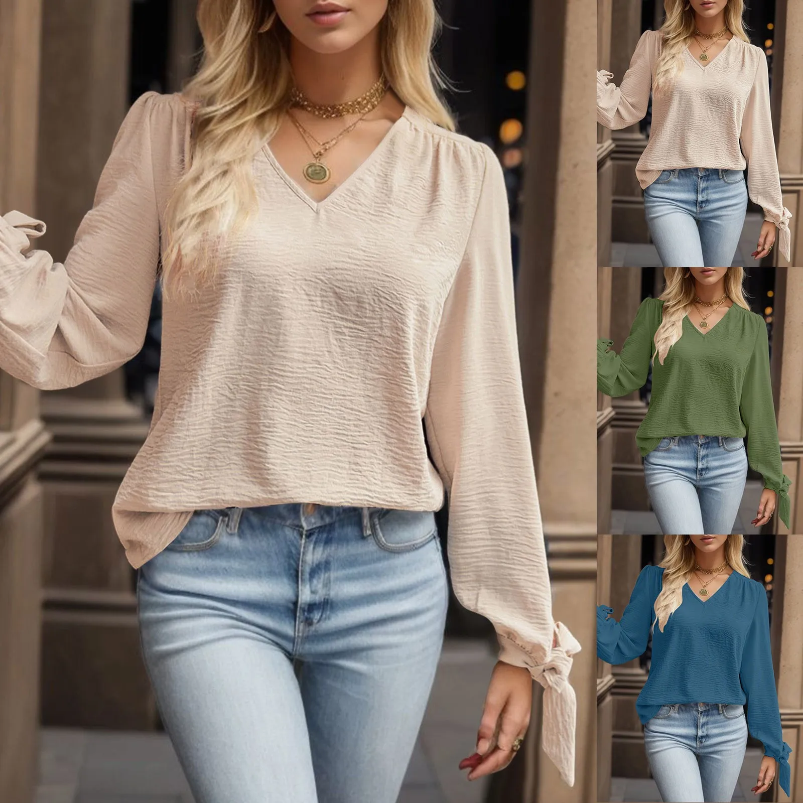 

Fashion Lace Up Lantern Long Sleeve Women Blouse Autumn V Neck Elegant Female Streetwear Loose Casual Pullover Blusa Camisetas