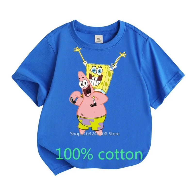 SpongeBob and Patrick 100% Cotton T-shirt Summer Fashion Children Clothes Boys Girls Kids Top Toddler Round Neck Short-sleeved 5