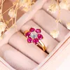 Charm Female Rose Red Zircon Stone Flower Ring Cute Yellow Gold Color Summer Wedding Jewelry For Women