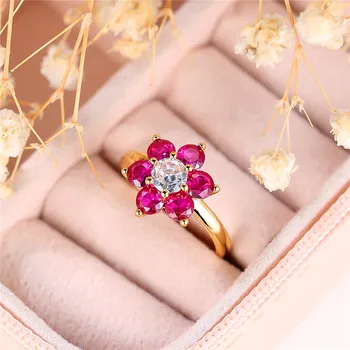 Charm Female Rose Red Zircon Stone Flower Ring Cute Yellow Gold Color Summer Wedding Jewelry For Women