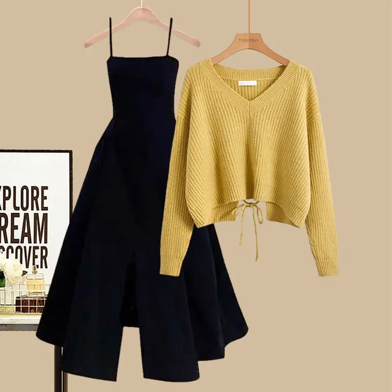 

Women's Dress Suit 2023 Spring Autumn New In Matching Sets Korean Fashion Knitted Pollvers Sweater With Strap Waist Wrap Skirt