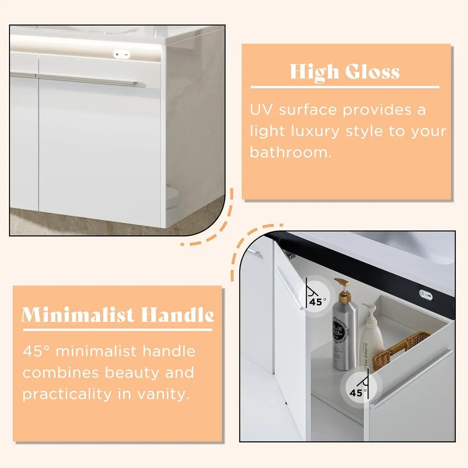60"LED Floating Bathroom Double Vanity with Sink Combo, Modern High Gloss Wall Mounted Bathroom Storage Cabinet with 3 Hole Sink 4