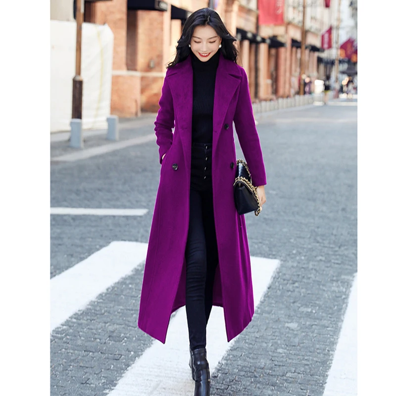 WomenWoolenCoat2023AutumnWinterNewPurpleWarmThickXLong