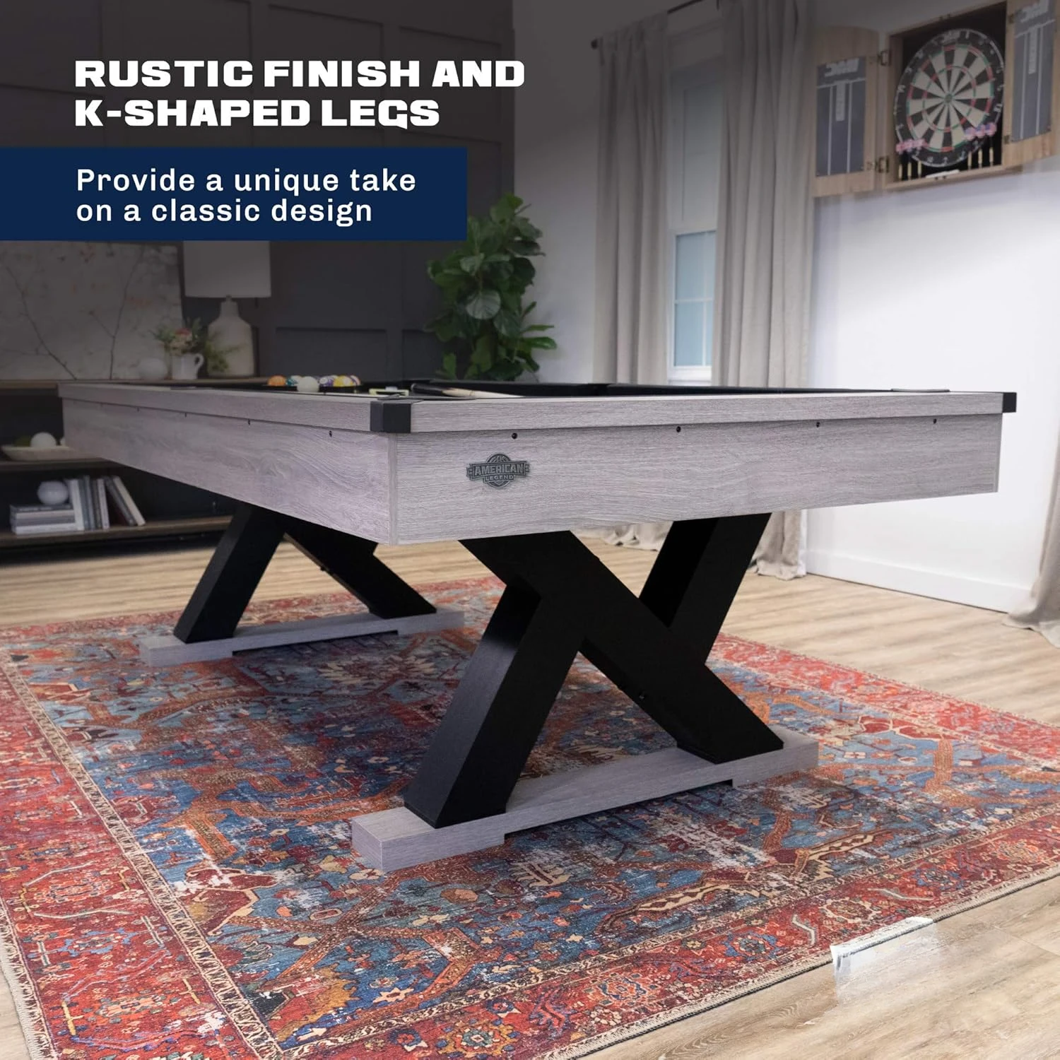 Kirkwood 90&rdquo; Billiard Table with Rustic Finish, K-Shaped Legs and Black Cloth, Brown