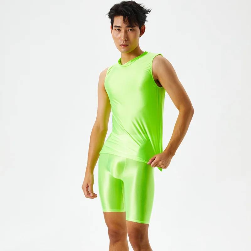 Men Silky Shiny Tight Transparent Vest Five-point Pants Oily Fitness Shorts Glossy Swimming Sports Yoga Suit Plus Size