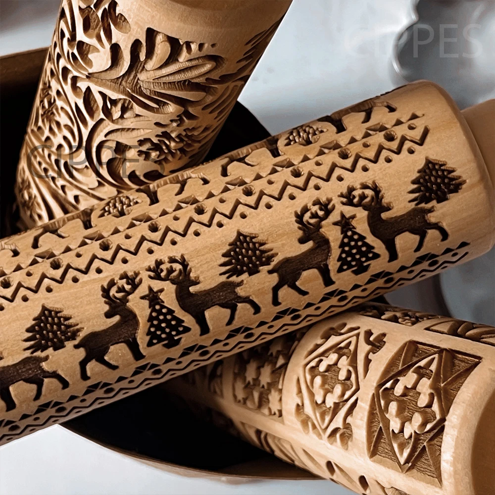 Creative Pattern Embossed Rolling Pin Biscuits Fondant Decorative Printing  Stick Beech Wood Carving Household DIY Baking Tools