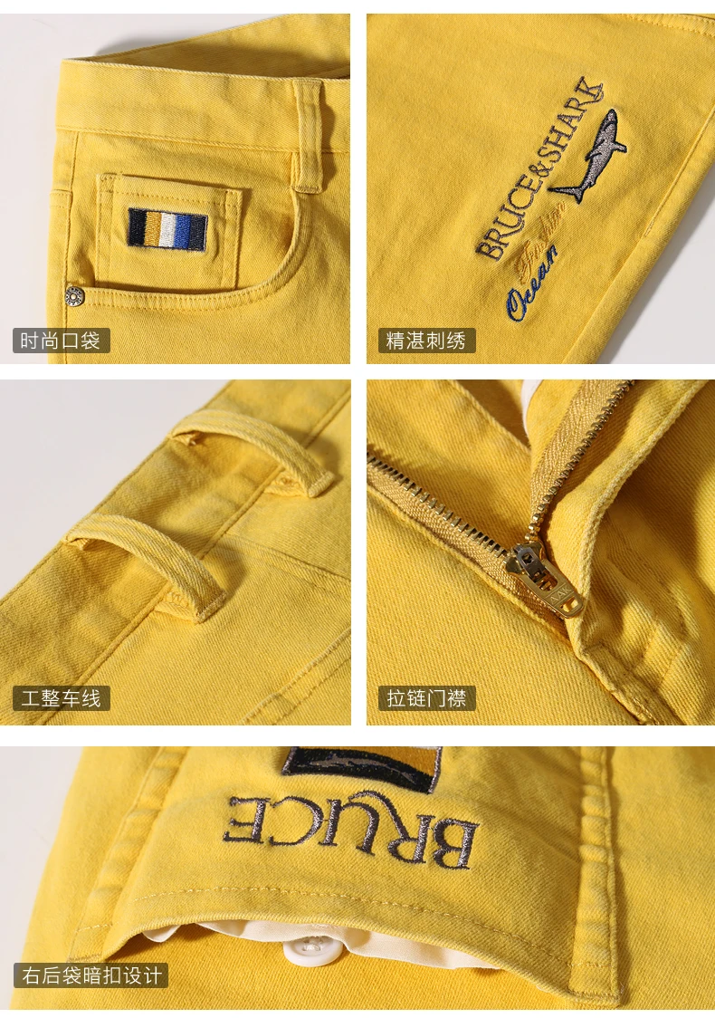 ①New Summer Men&lsquo;s Yellow Jeans Shorts Fashion Embroidery Bruce&Shark Straight Stretch Denim Shorts Men Ripped Knee Length Jeans