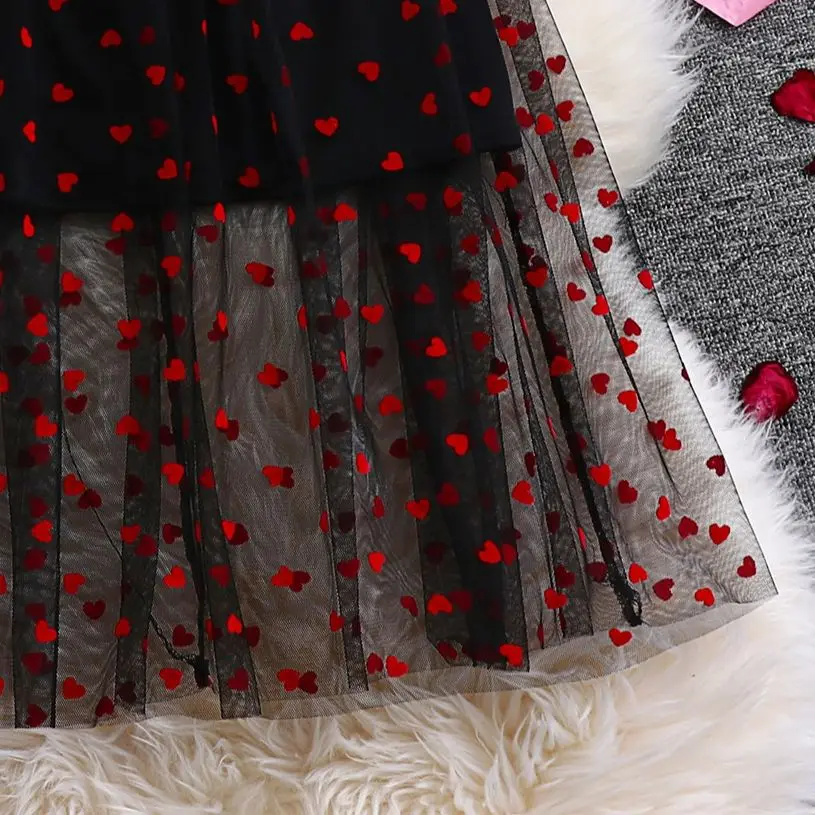 Plus Size 4XL Mesh Maxi Skirt Women Summer 2023 Black Heart Print