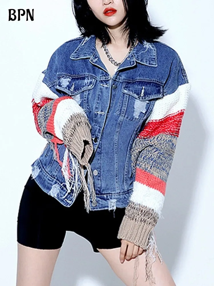 BPN Spliced Knitting Streetwear Jacket For Women Lapel Long Sleeve Patchwork single Breasted Colorblock Denim Coat Female Autumn