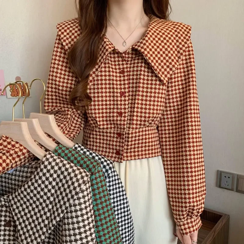 

Spring and Autumn Plaid Fashion Shirts Women's Long Sleeved Turndown Collar Single Breasted Shirt