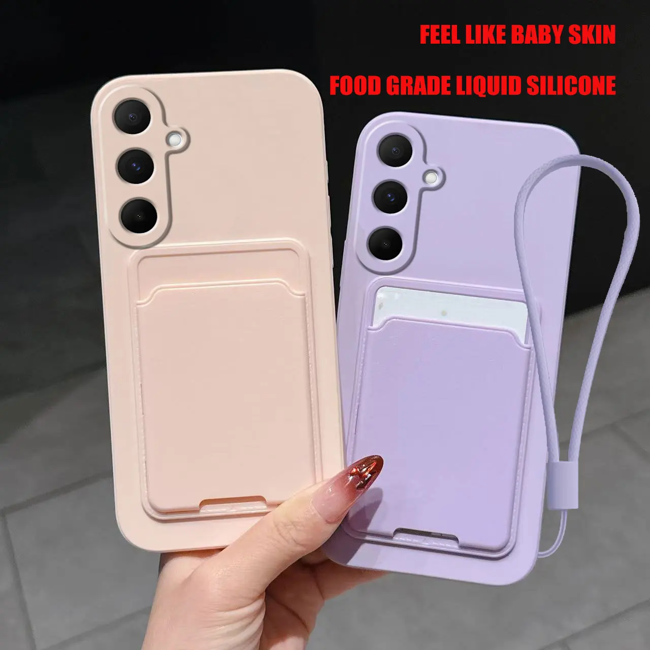 Liquid Silicone Card Holder Phone Case with Shockproof Back Pocket Wallet in Soft Skin Cover Design