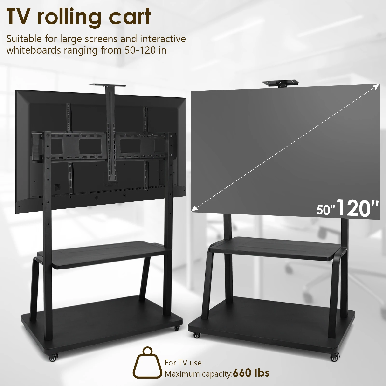 Heavy-Duty TV Cart Max Load Up To 660-Pound Multi Purpose TV Floor Cart Height Adjustable for Home Office School Use