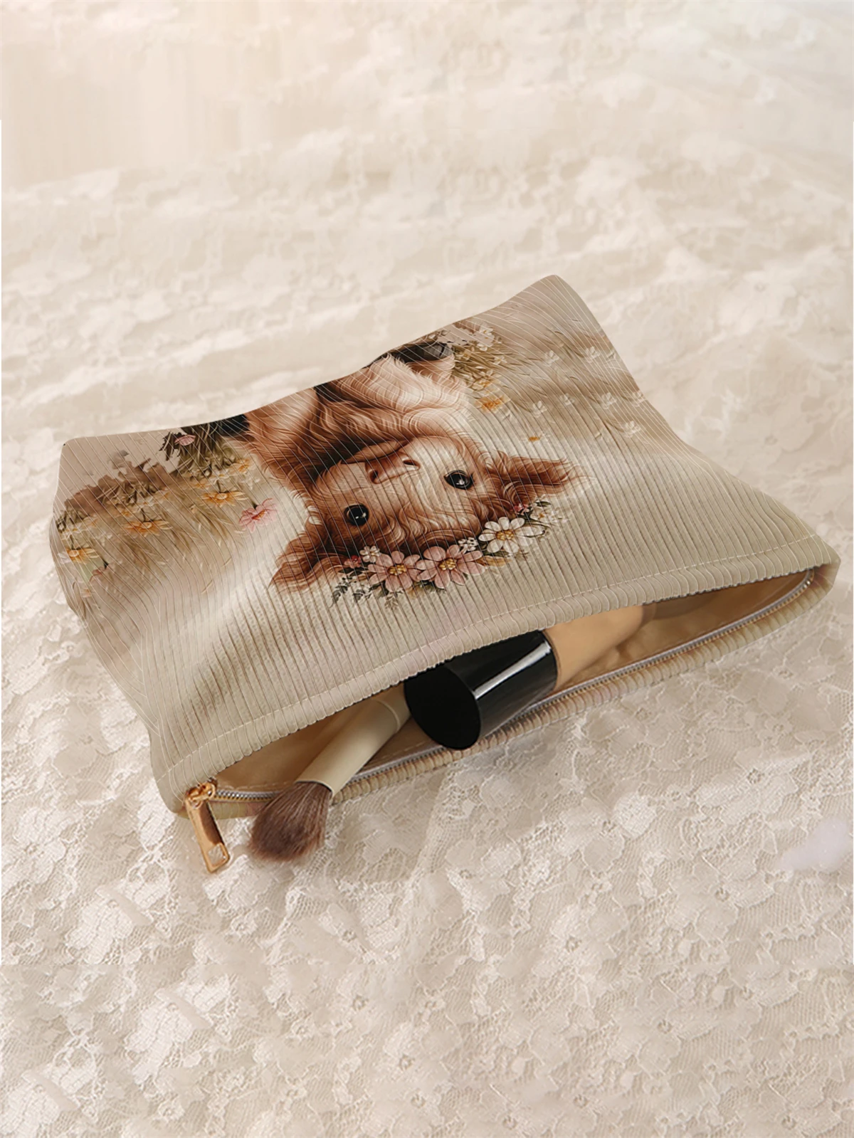1pc calf pattern printed corduroy makeup bag, lightweight zipper makeup storage box, multifunctional bag with lining