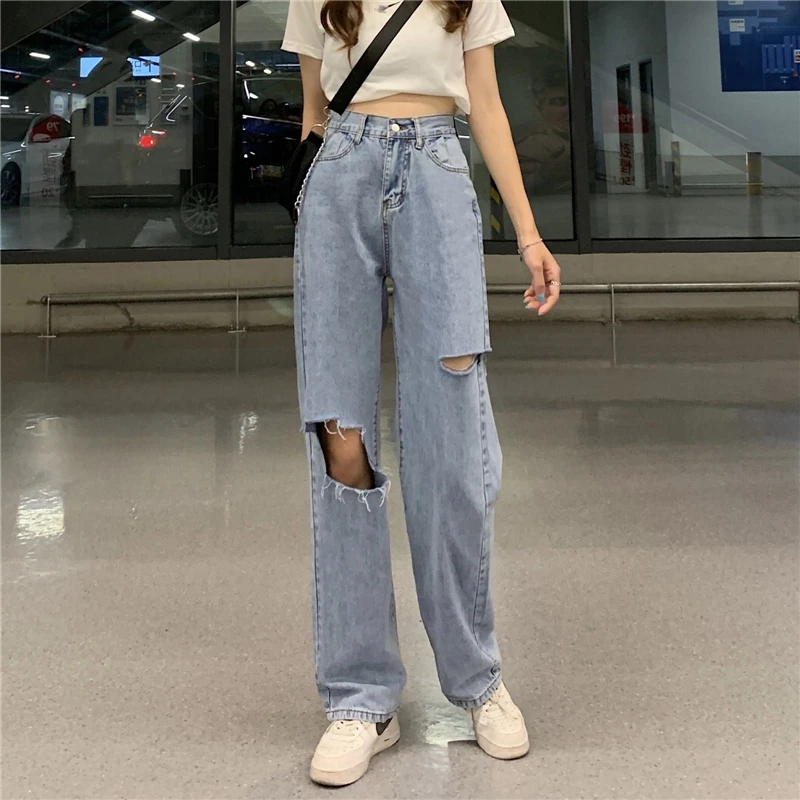 black jeans Light Blue Ripped Jeans Women 2021 New Ins Trendy Wide Leg Loose Straight Pants Casual Hole Streetwear Trousers Mujer Female denim jacket for women Jeans