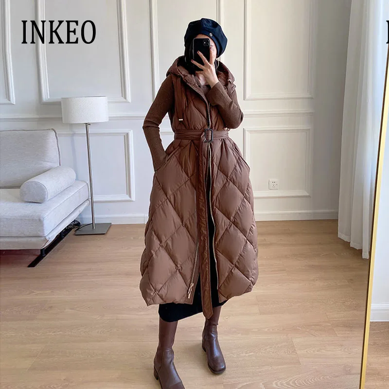 Luxury Women\'s Sleeveless Down Vest With belt Winter Warm Zipper Hooded Long Down jacket Fashion Outerwear Lady INKEO 1O338