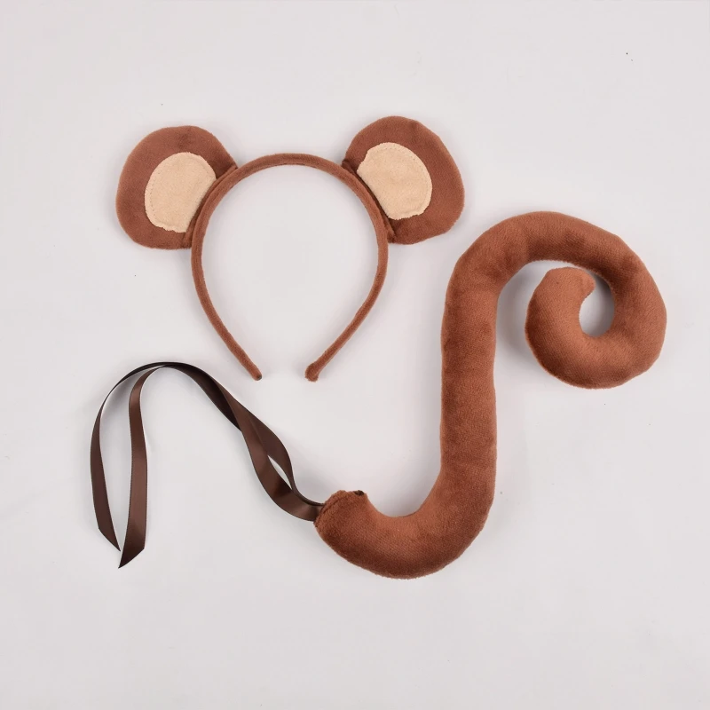 Monkey Costumes Set Animal Ears and Tail Set Monkey Fancy Dress Accessories Plush Ears Headband Halloween Cosplay Props