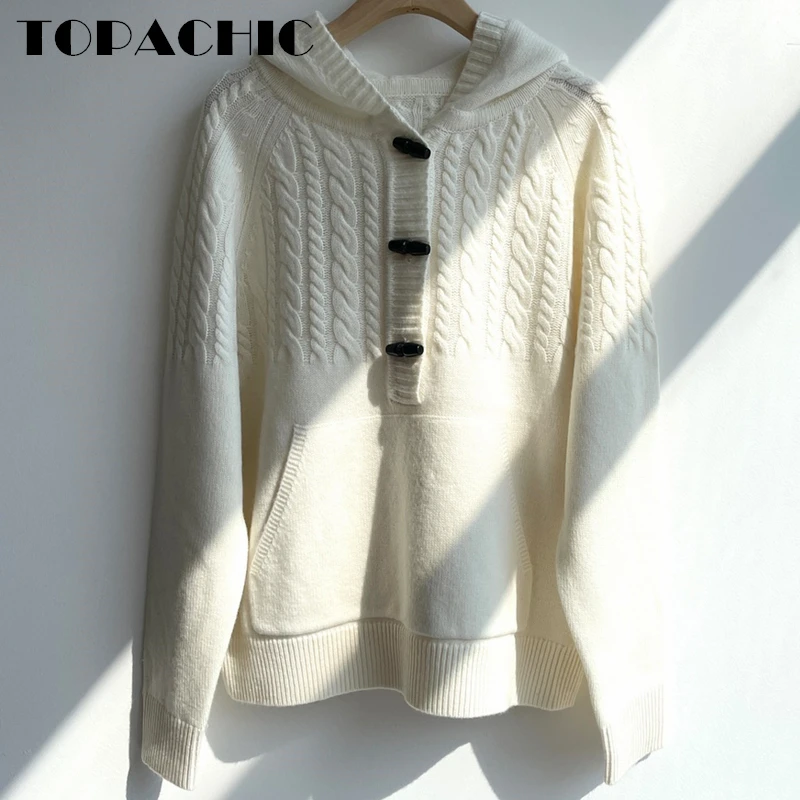 

12.9 TOPACHIC Women's Vintage Casual Twist Horn Button Sweater Autumn Winter Loose Hooded Long Sleeve Knitted Cashmere Pullover