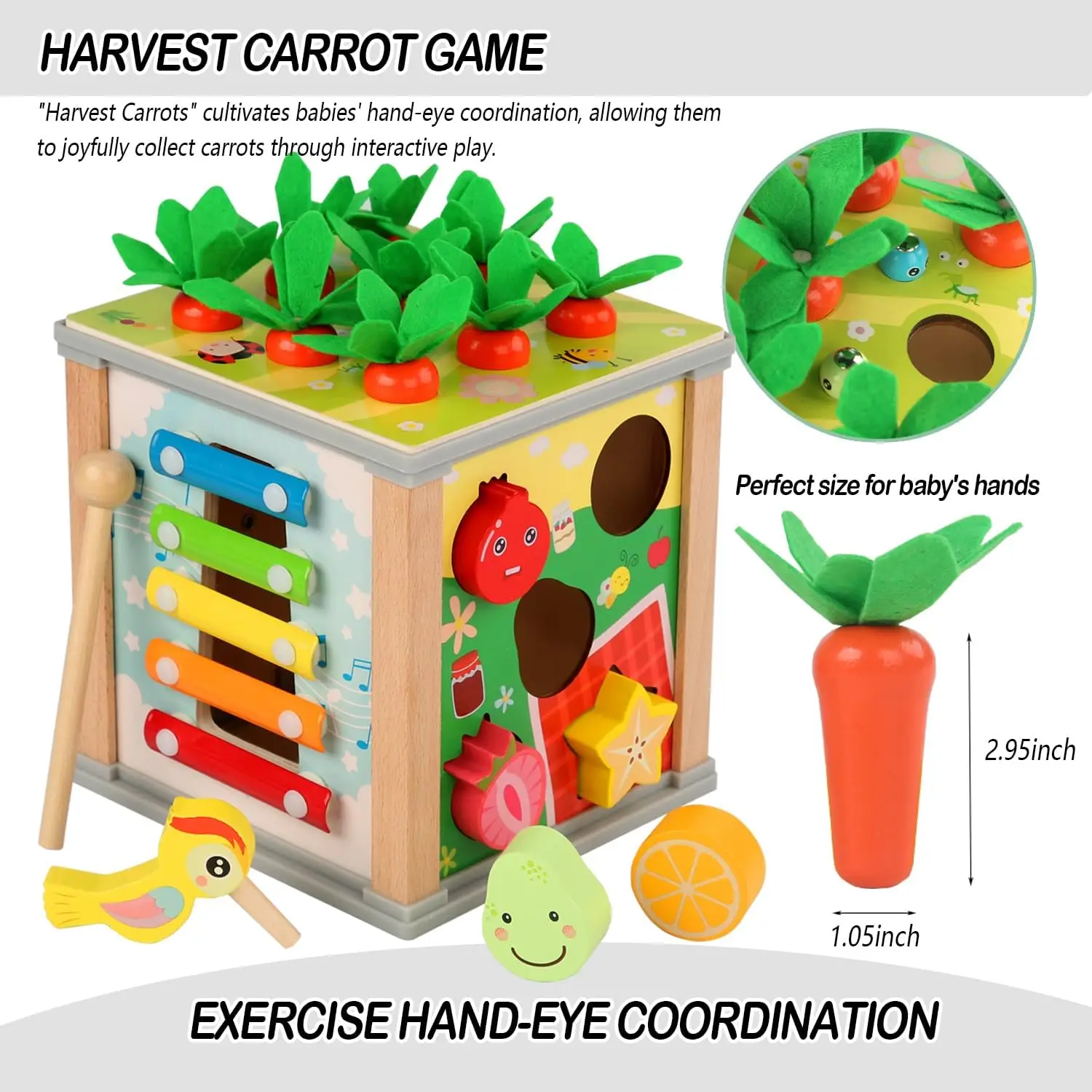 6in1 Wooden Activity Cube Montessori Toys for 12M+ Baby Carrots Harvest Game&Bead Maze Preschool Learning Education Shape Sorter 4
