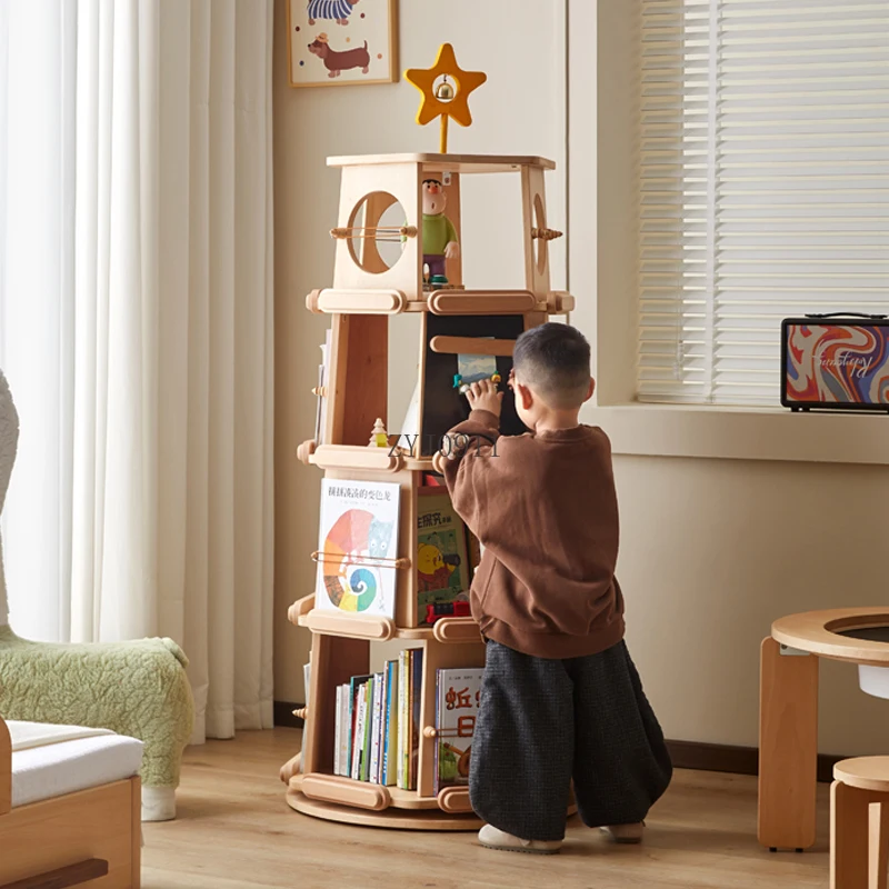 Children's rotating bookshelf 360-degree bookcase Solid wood picture book floor storage display cabinet