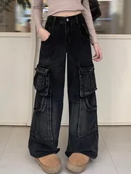 2024 Cyber Y2K Streetwear Multi Pockets Washed Black Baggy Jeans Cargo Pants For Women Clothes Straight Wide Leg Lady Trousers