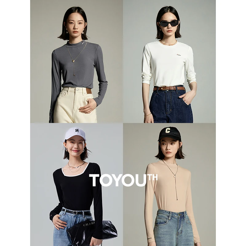 Toyouth Women Bottoming Tees Autumn Long Sleeve Multiple Necklines Slim Stretch T-shirt Comfort Basic Undershirt Tops