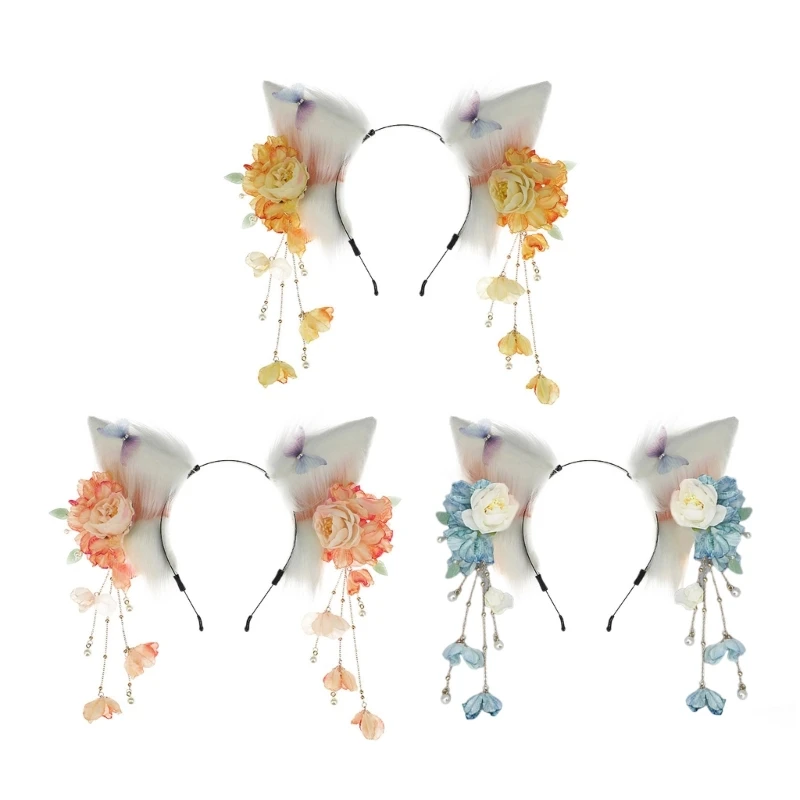 

Spring Summer Fox Ear Shape Hair Hoop with Tassel Flower Decors Hair Holder Cosplay Party Headwear for Teenagers Adult