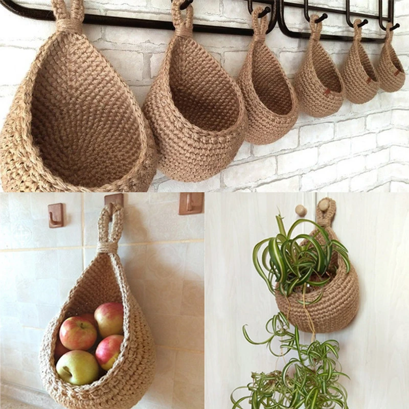 Cestas colgantes de pared para fruta y cestas pequeñas de tejido Retro Para mesa de cocina, cesta de almacenamiento colgante de pared, estante de secado, novedad de | - AliExpress