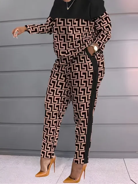 European And American Fashion Women's Color Contrast Plaid Patchwork Casual Long-sleeved Two-piece Suit 6