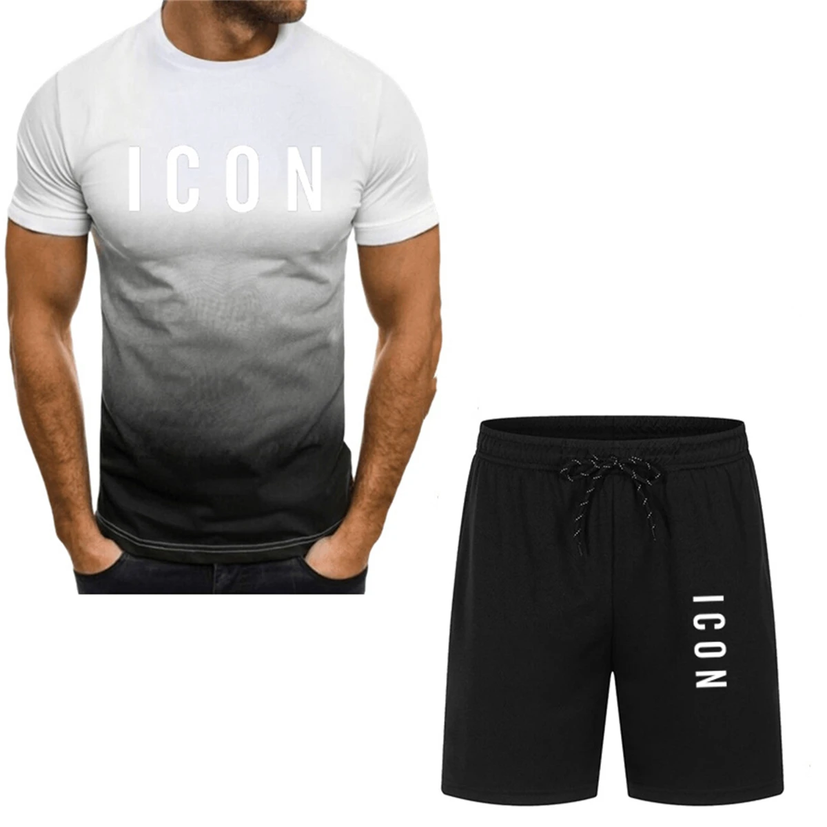Conjunto de dos piezas para hombre, chándal informal de manga corta con estampado, camiseta y pantalones cortos, ropa deportiva