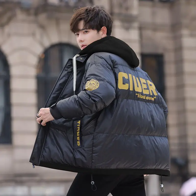 Men Fake Two-Piece Cotton-Padded Coat Winter Male Trendy College Style Loose Hooded Casual Outwear Thick Warm Large Size Outcoat