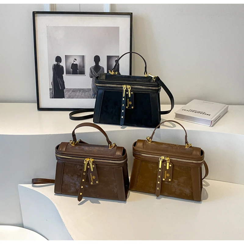 

Large Capacity Lady PU Handbag New Retro Women's Bag Double Zipper Single Room Bag Wide Shoulder Straps Messenger Bags for Women