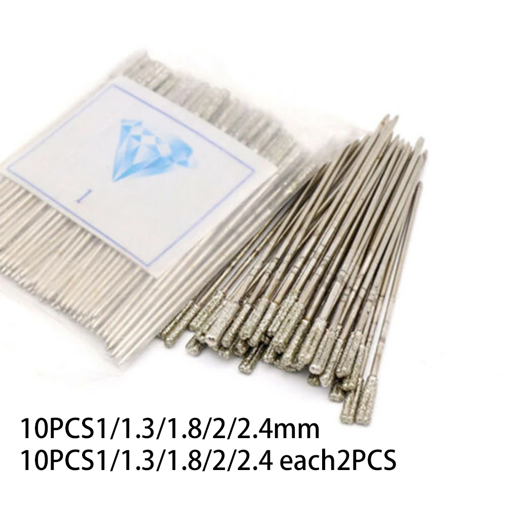 10pcs Set 1mm-2.4mm Diamond Coated Tipped Drill Bits For Drilling Tile Glass Jewellery Ceramics Stone Hole Saw Opener Tool Parts 30 70mm diamond coated drill bit set kit hole saw glass granite tile cutter holer cutting tool for glass ceramic marble 1pc