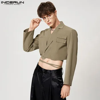 남성용 레이스 업 라펠 긴팔 캐주얼 크롭 수트, 단색 블레이저, 개성 있는 2023 스트리트웨어, 얇은 코트, INCERUN S-5XL