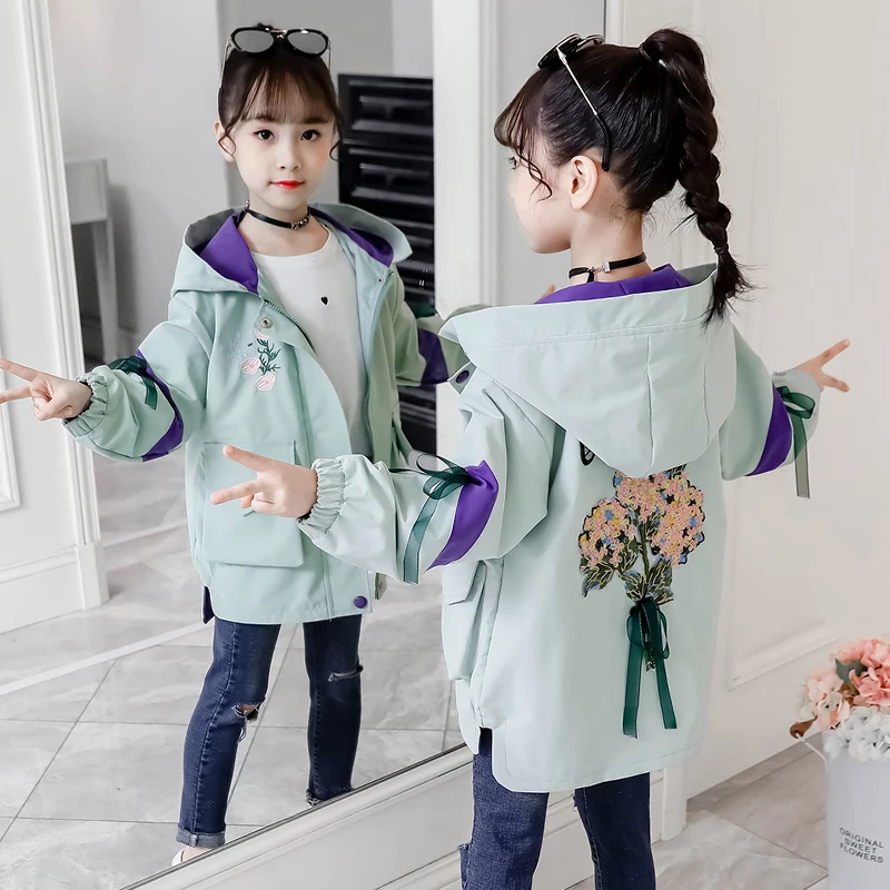 

Teenage Girls Winter Windbreaker Jacket Spring Autumn Embroidered Hooded Outerwear Girls Clothes Children's Trench Coat Clothing