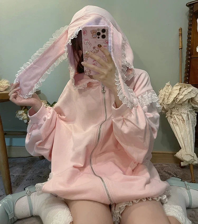 여아용 귀여운 토끼 귀 후드 레이스 핑크, 귀여운 학생 후드티, 루즈 라지 사이즈 가디건, 대학 가을 신상 패션